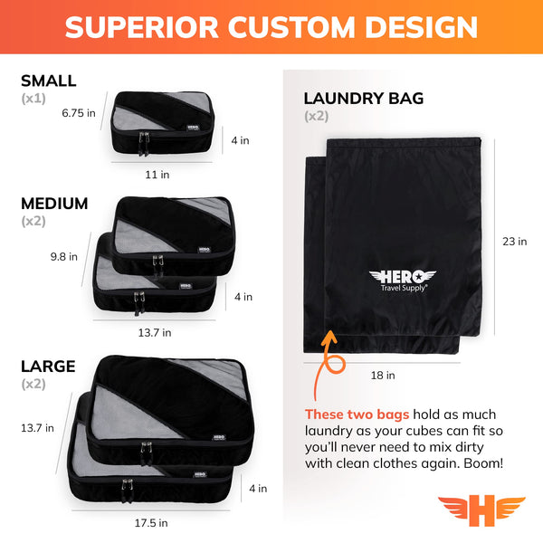HERO Packing Cubes (Set of 5) with 2 Bonus Laundry Bags