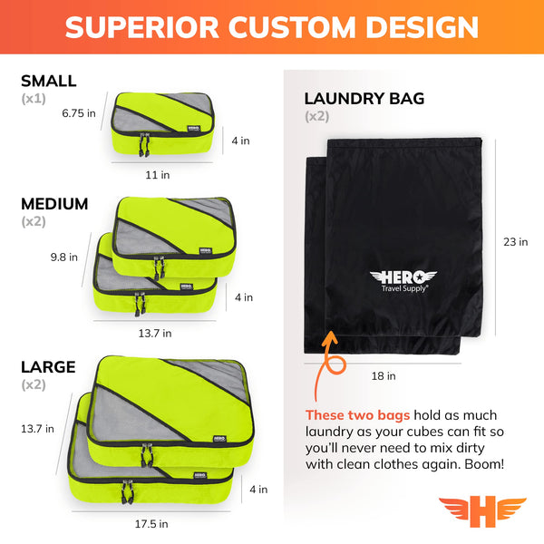 HERO Packing Cubes (Set of 5) with 2 Bonus Laundry Bags