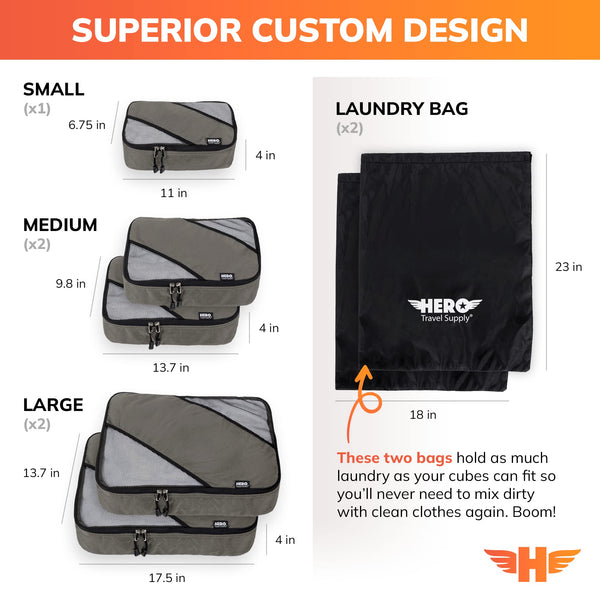HERO Packing Cubes (Set of 5) with 2 Bonus Laundry Bags