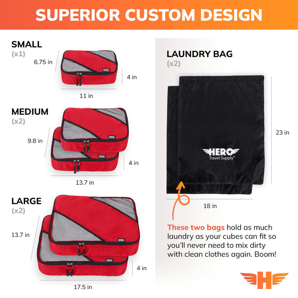 HERO Packing Cubes (Set of 5) with 2 Bonus Laundry Bags