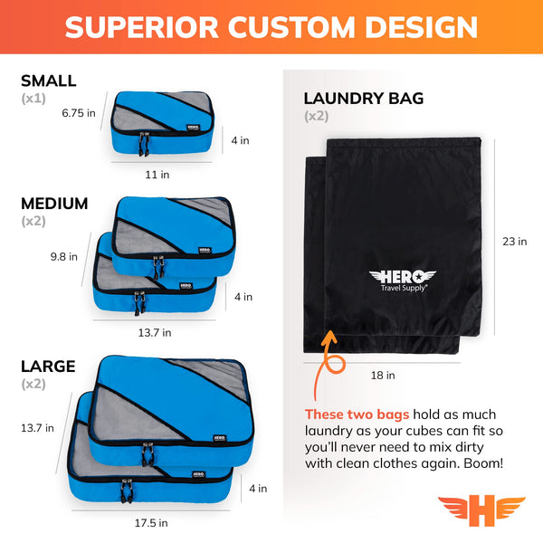 HERO Packing Cubes (Set of 5) with 2 Bonus Laundry Bags