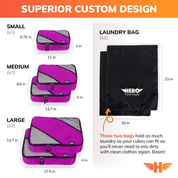 HERO Packing Cubes (Set of 5) with 2 Bonus Laundry Bags