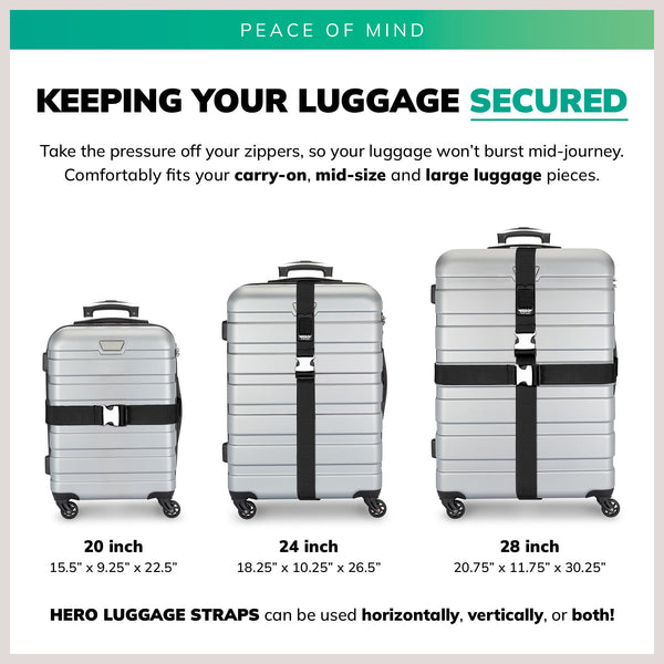 HERO Luggage Straps for Suitcases and Carry-On (2-Pack) Heavy-Duty Secure Belts with 700+ lbs. Max Force Tension
