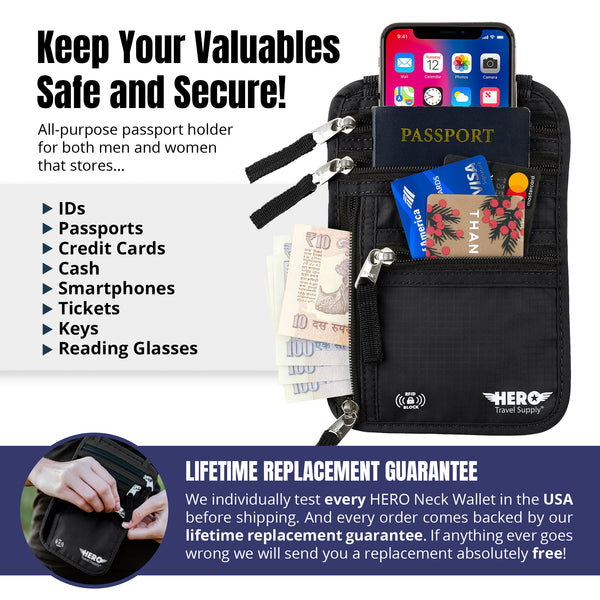 HERO Neck Wallet - RFID Blocking Passport Holder