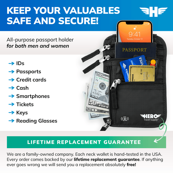 HERO Neck Wallet - RFID Blocking Passport Holder