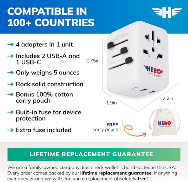 HERO Universal Travel Adapter with 2 USB-A & 1 USB-C Ports