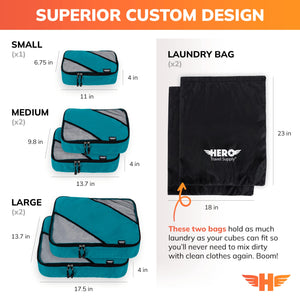 HERO Packing Cubes (Set of 5) with 2 Bonus Laundry Bags