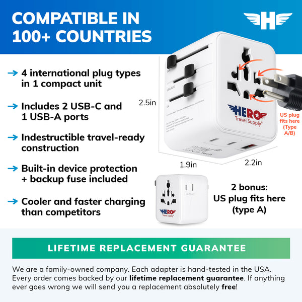 HERO Universal Travel Adapter with 2 USB-C & 1 USB-A Ports