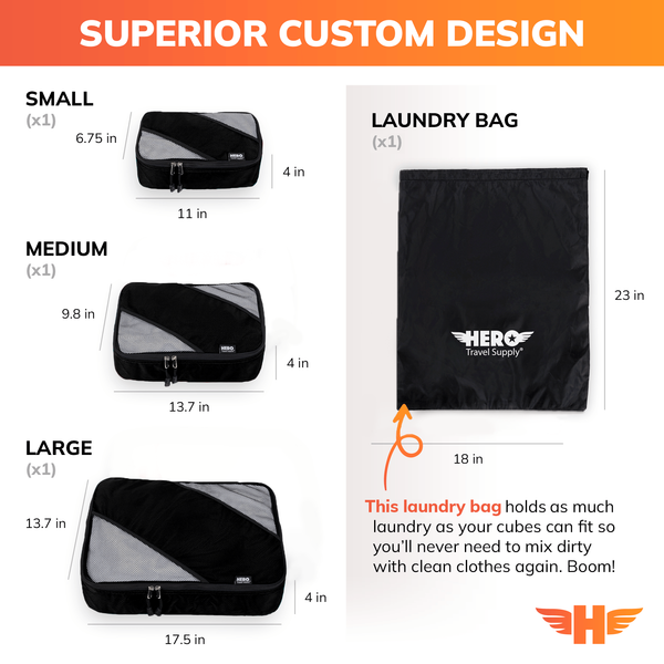 HERO Packing Cubes (Set of 3) with Bonus Laundry Bag