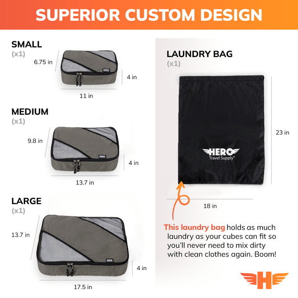 HERO Packing Cubes (Set of 3) with Bonus Laundry Bag