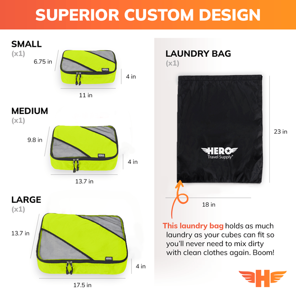 HERO Packing Cubes (Set of 3) with Bonus Laundry Bag